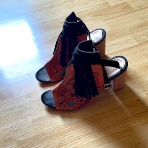 Western tooled sandals with fringe